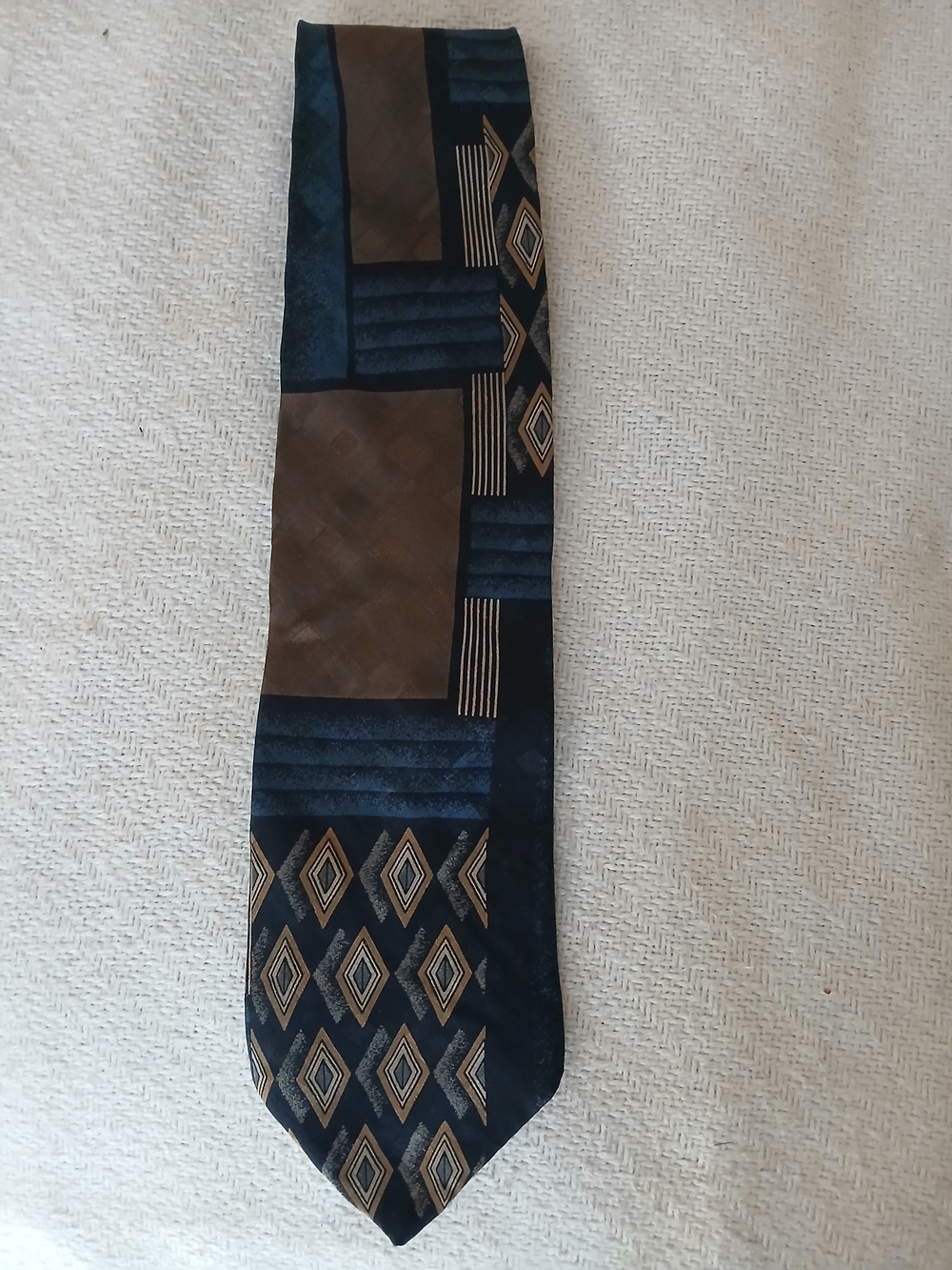 Men's Navy and Brown Geometric Silk-Effect Tie